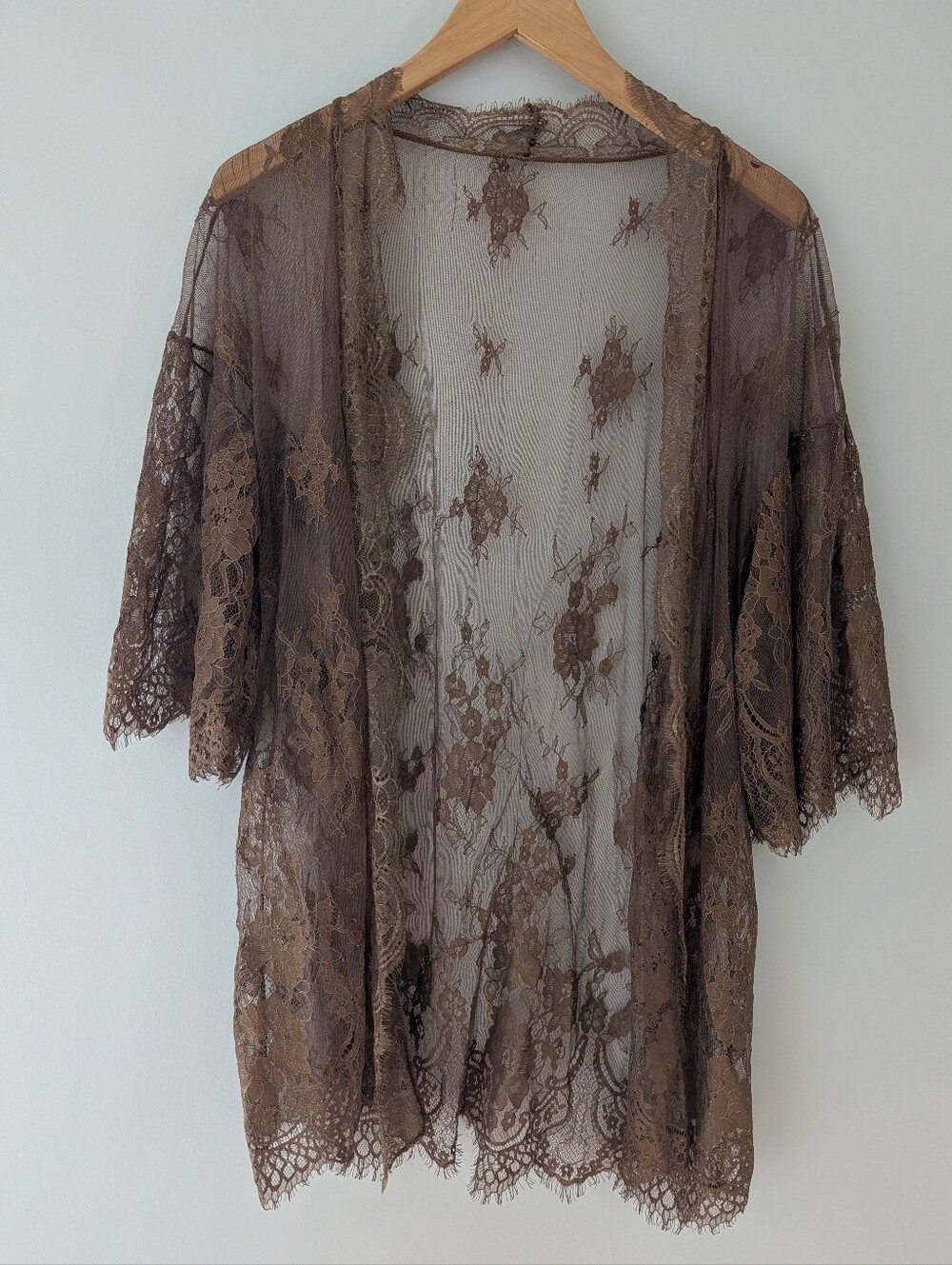Brown Sheer Floral Lace Kimono Cardigan Duster S Boho Western Festival - Picture 2 of 6